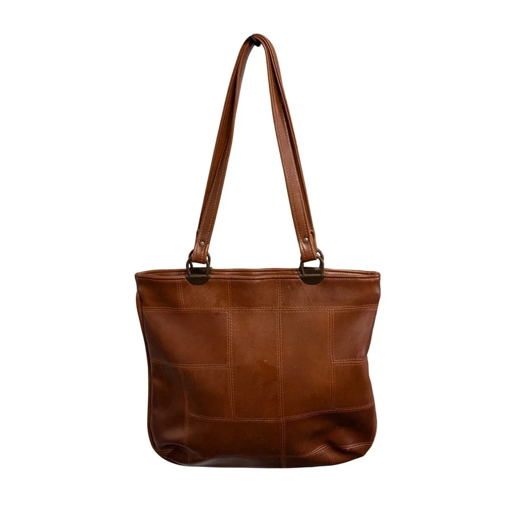 Vintage Patchwork Vegan Leather‎ Tote Purse Bag Tan Retro Minimalist Boho
